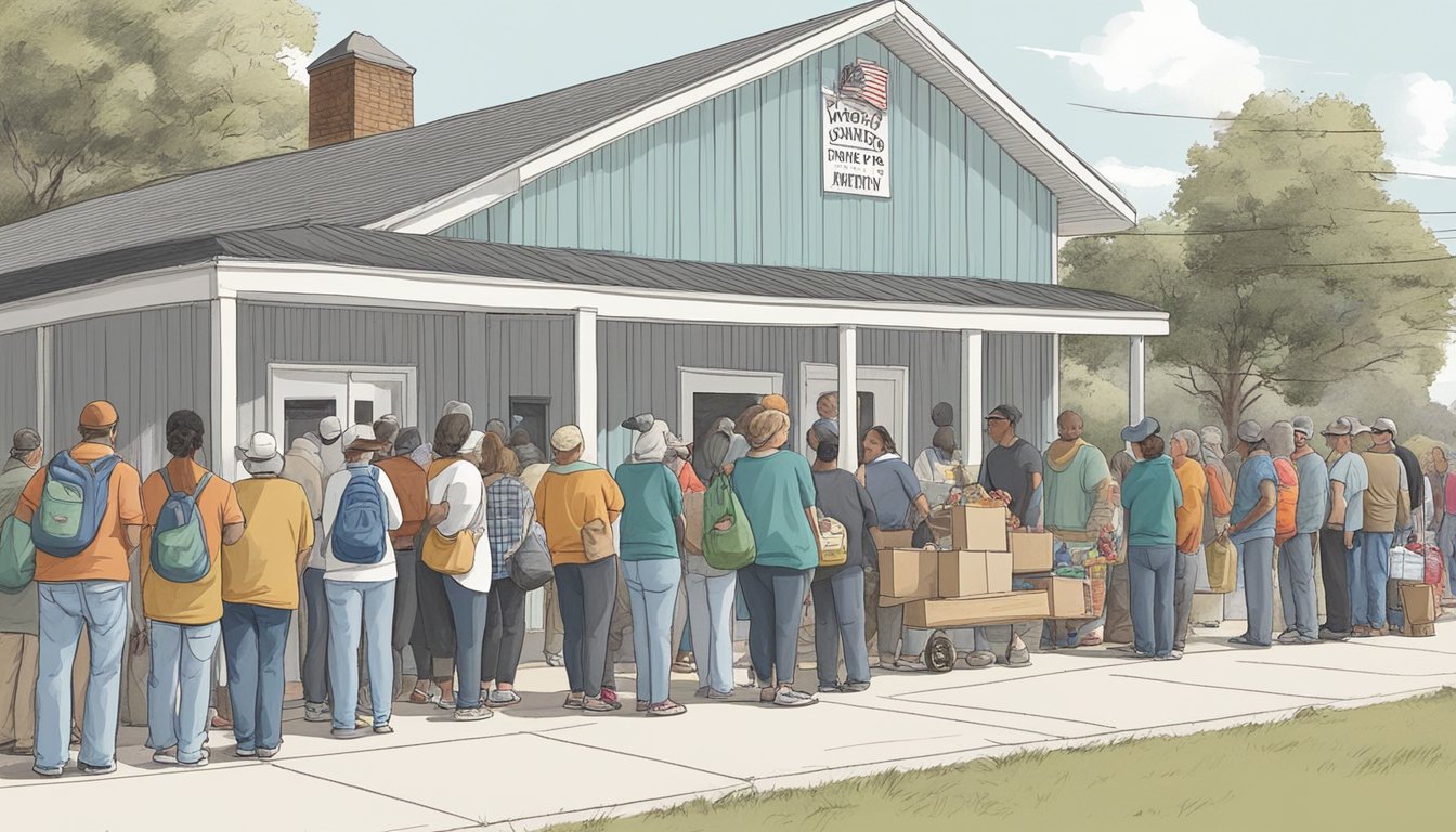 A line of people waits outside a small food pantry in Montague County, Texas. Volunteers hand out bags of groceries to those in need