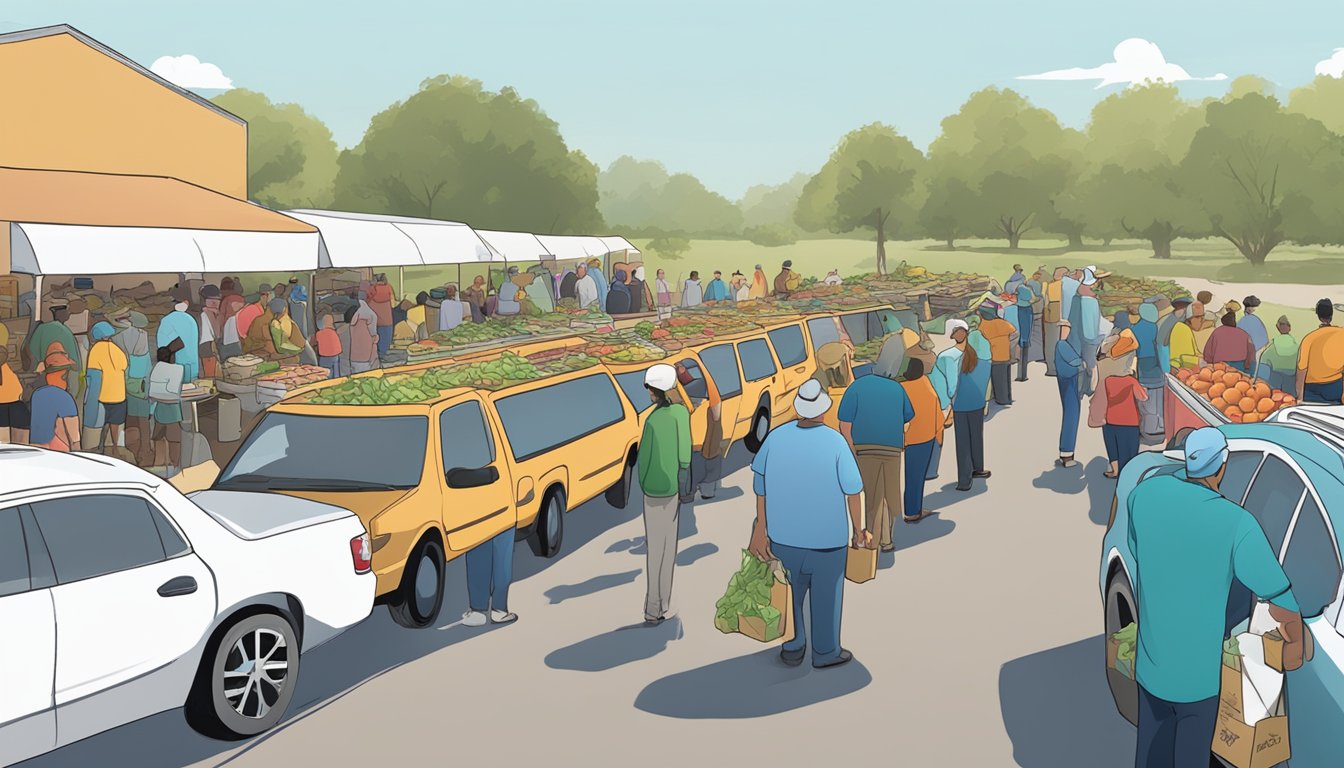 A line of cars waits as volunteers distribute groceries at a mobile food distribution event in Refugio County, Texas