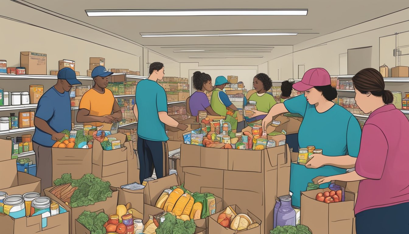 A bustling food pantry in Refugio County, Texas, with volunteers distributing free groceries to those in need