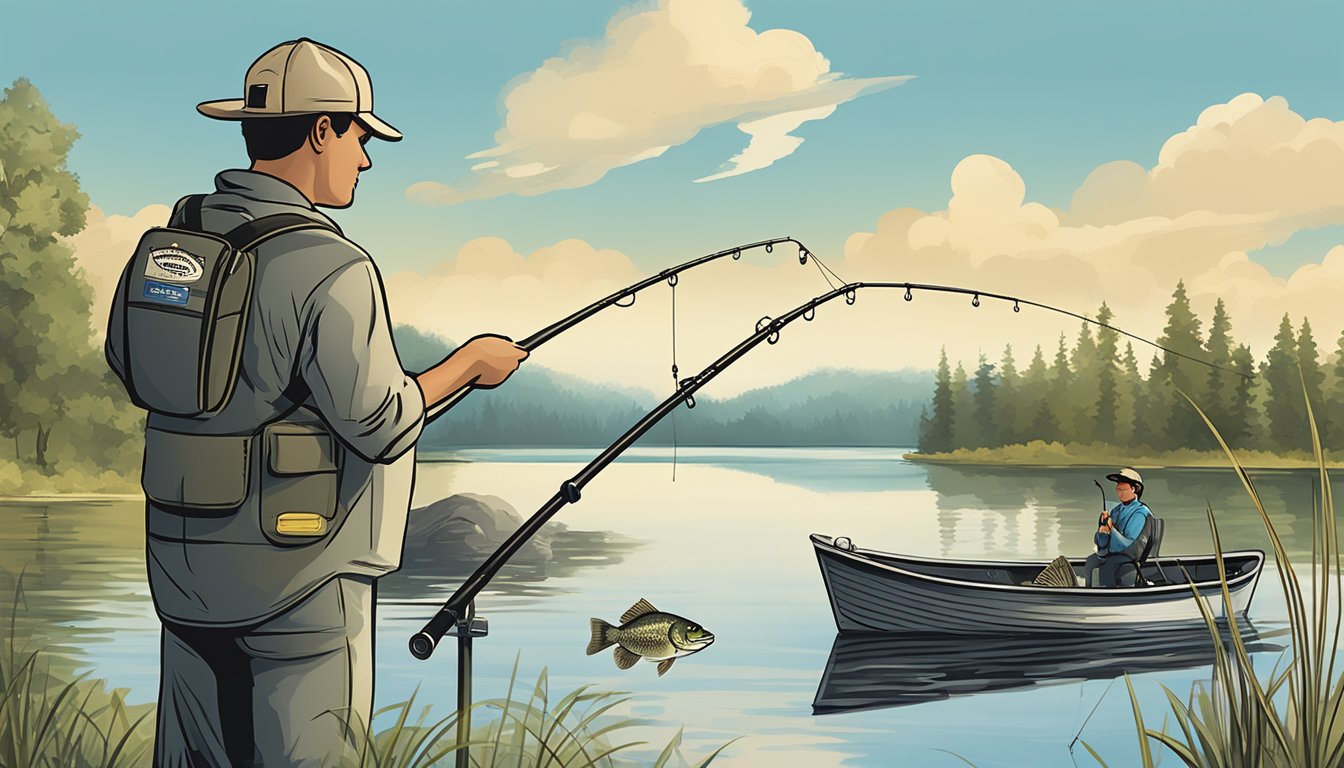 A person holding a fishing rod beside a calm lake, with a black crappie caught on the line and a sign nearby indicating "Regulatory Compliance and Conservation."