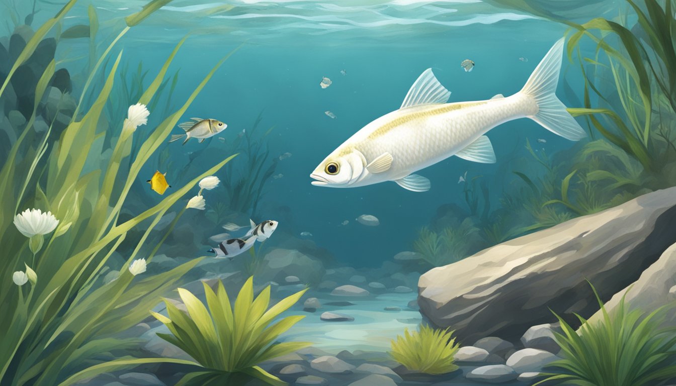 A white sucker fish swimming in a clear, shallow stream, surrounded by rocks and aquatic plants. Another fish is seen catching and eating the white sucker