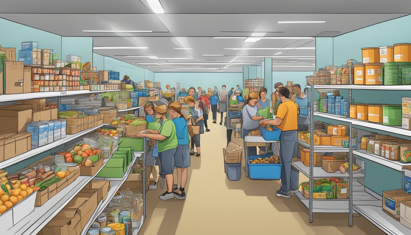 A bustling food pantry in Rockwall County, Texas, with volunteers distributing free groceries to those in need