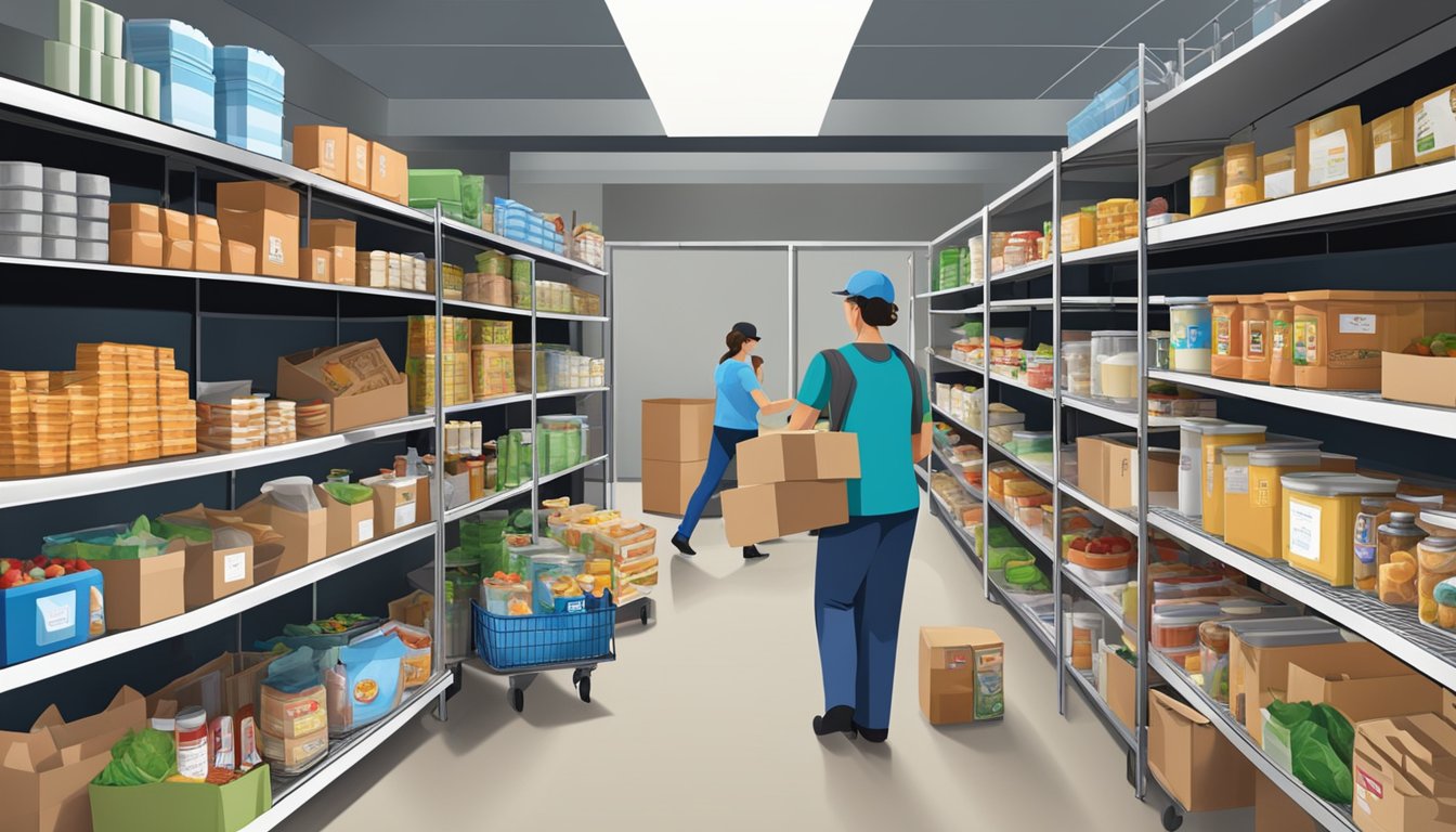 A bustling food pantry in Rockwall County, Texas, with shelves stocked full of groceries and volunteers assisting those in need