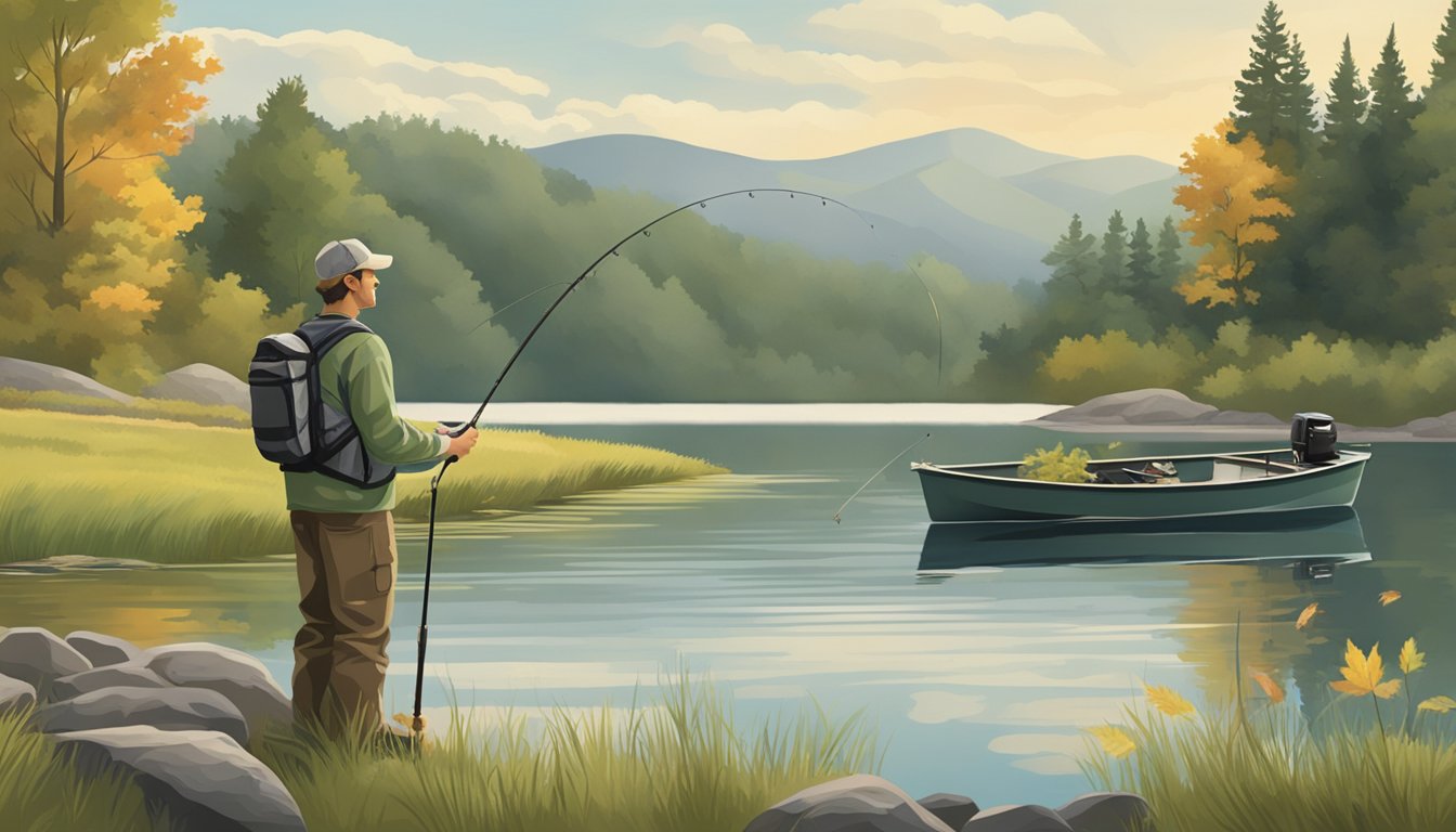 A serene lakeside with changing foliage, a fishing rod, and a freshly caught pickerel