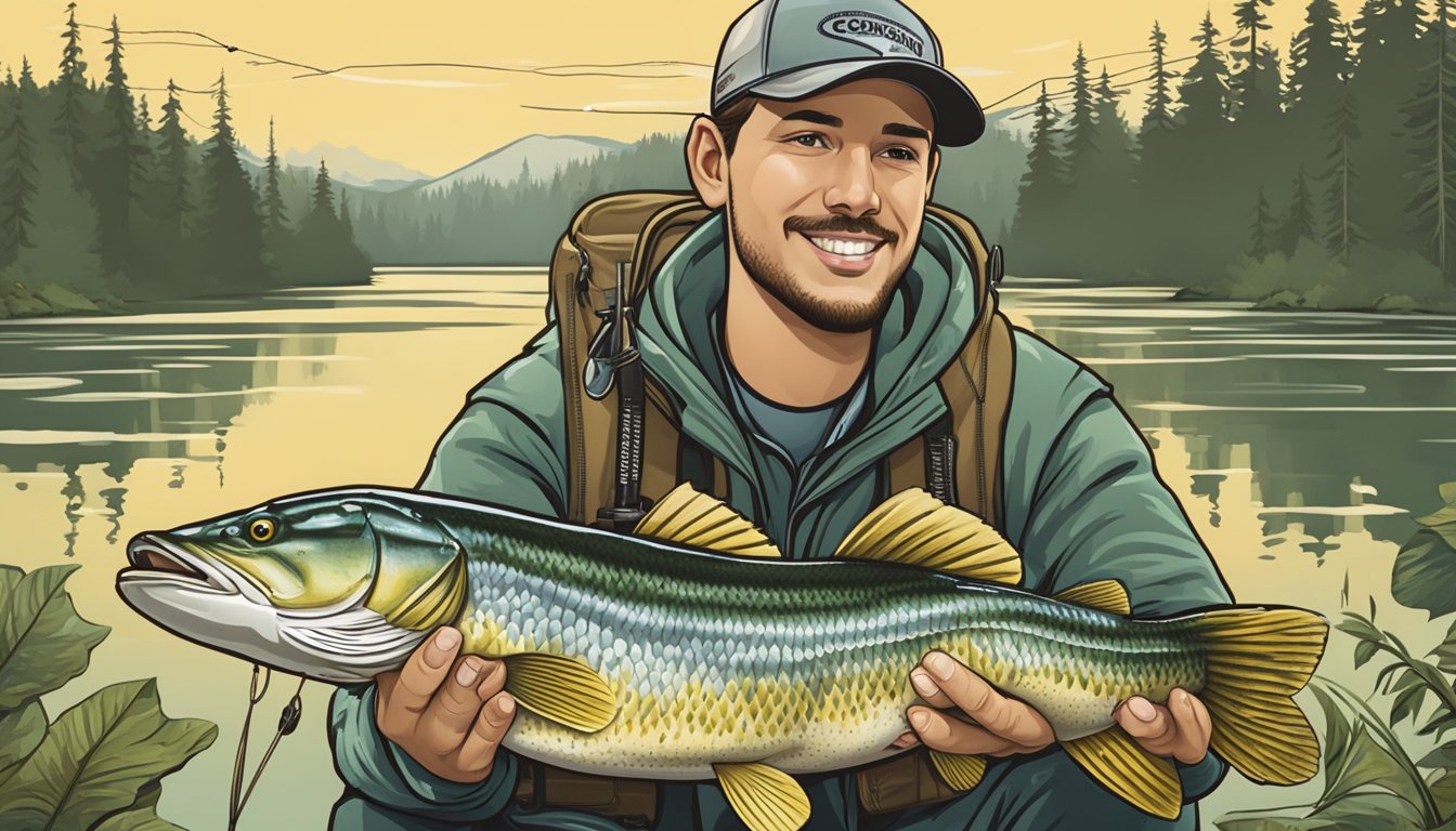 A person holding a freshly caught pickerel, surrounded by fishing gear and a conservation sign