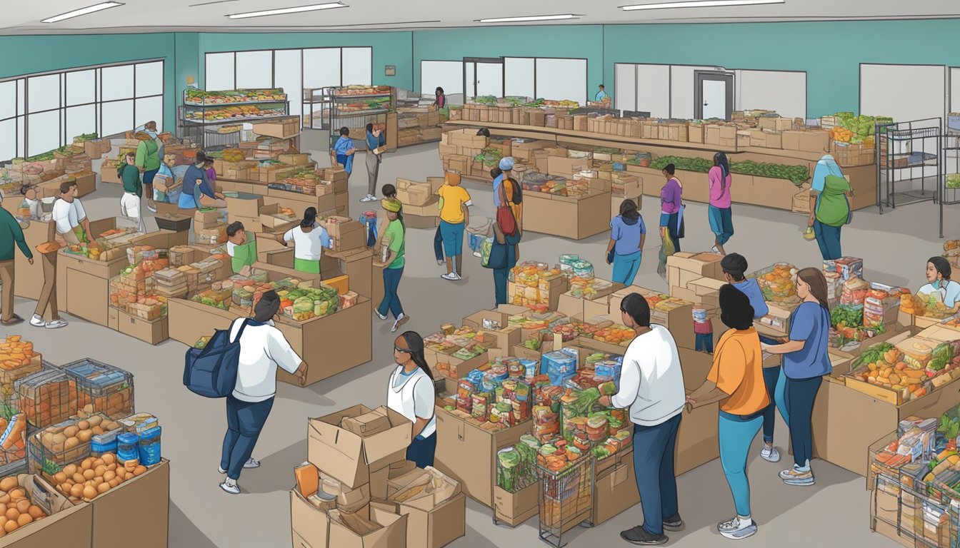 A bustling food pantry in Rockwall County, Texas, with volunteers distributing free groceries to those in need