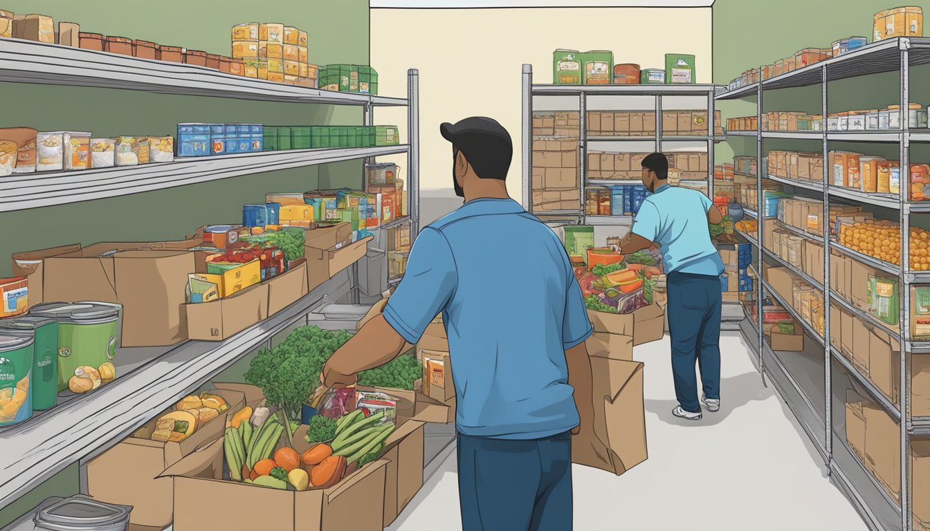 A bustling food pantry in Rockwall County, Texas, with volunteers distributing free groceries to those in need