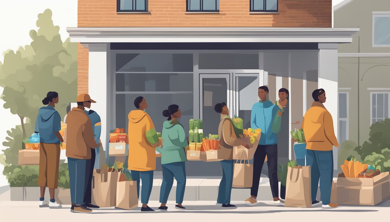 A line of people waits outside a small building with a sign reading "Free Groceries and Food Pantry." Volunteers distribute bags of food to those in need