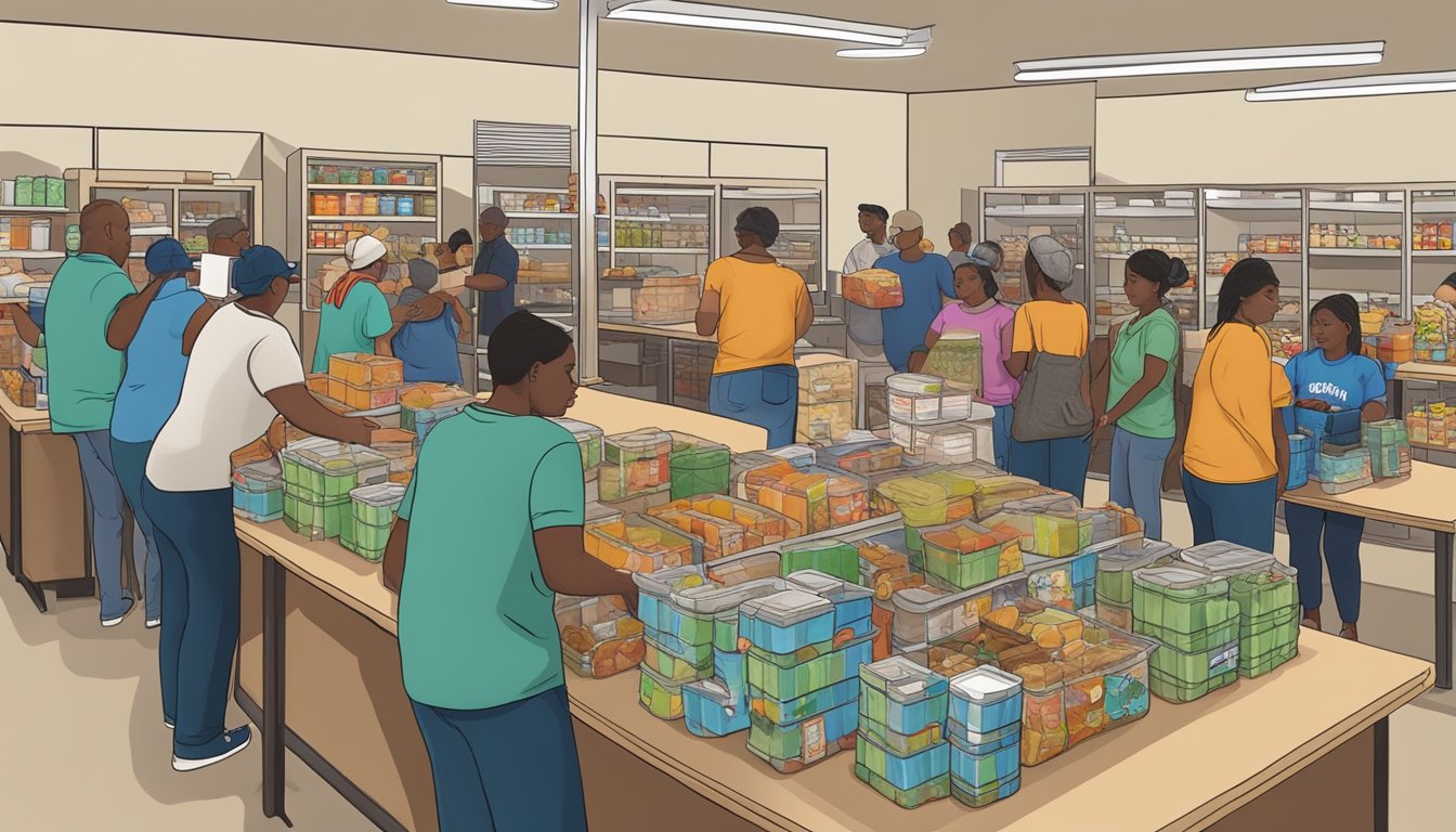 A bustling food pantry in Montague County, Texas, with volunteers distributing free groceries to those in need