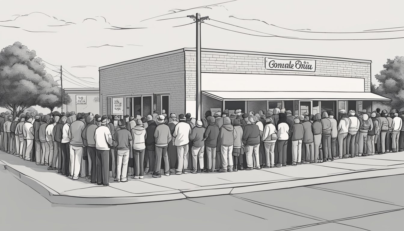 A line of people wait outside a food pantry in Rockwall County, Texas. Volunteers distribute free groceries to those in need