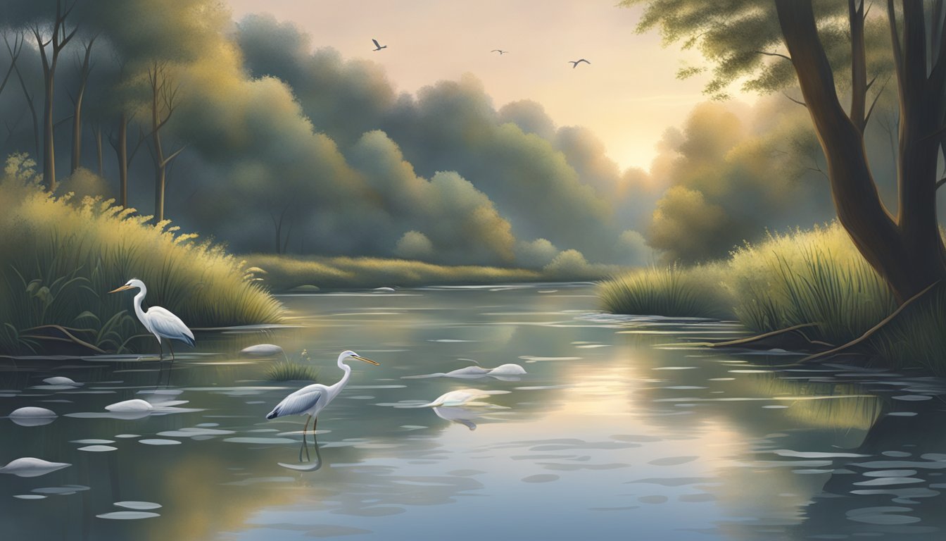 A serene riverbank at dusk, with a school of white suckers swimming upstream to spawn, while a heron patiently waits to catch one