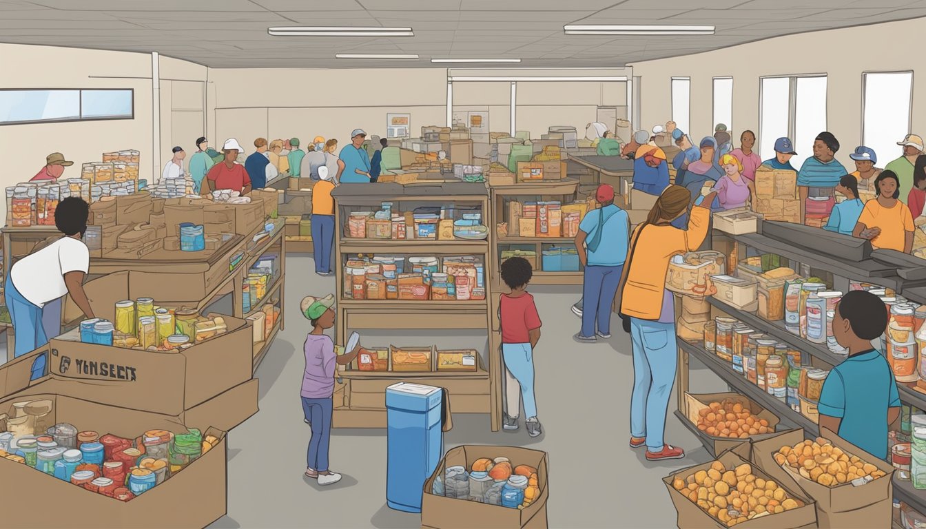 A bustling food pantry in Montague County, Texas, with volunteers distributing free groceries and providing nutritional education to those in need