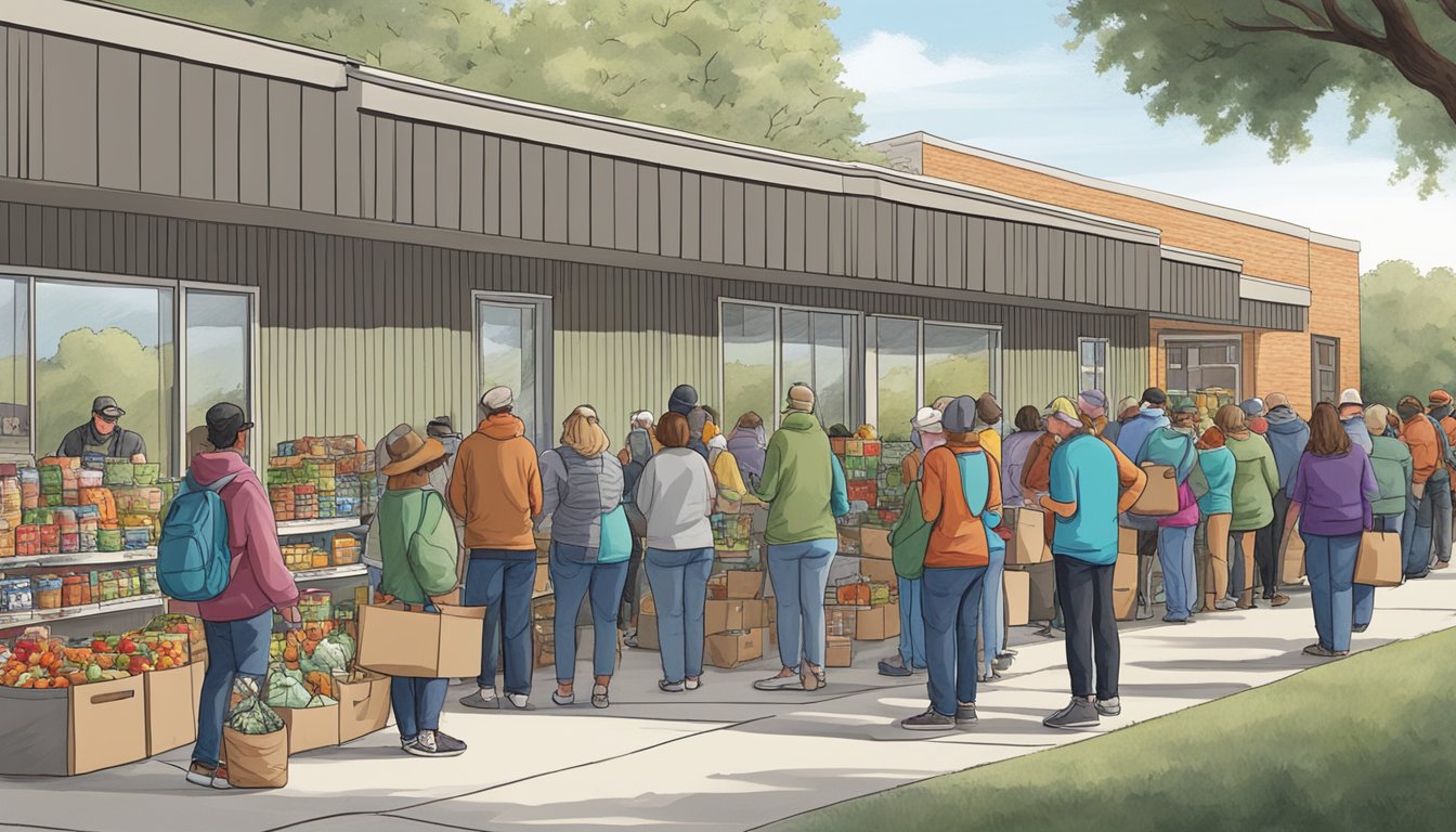 A line of people waits outside a small, local food pantry in Rockwall County, Texas. Volunteers hand out bags of groceries to those in need