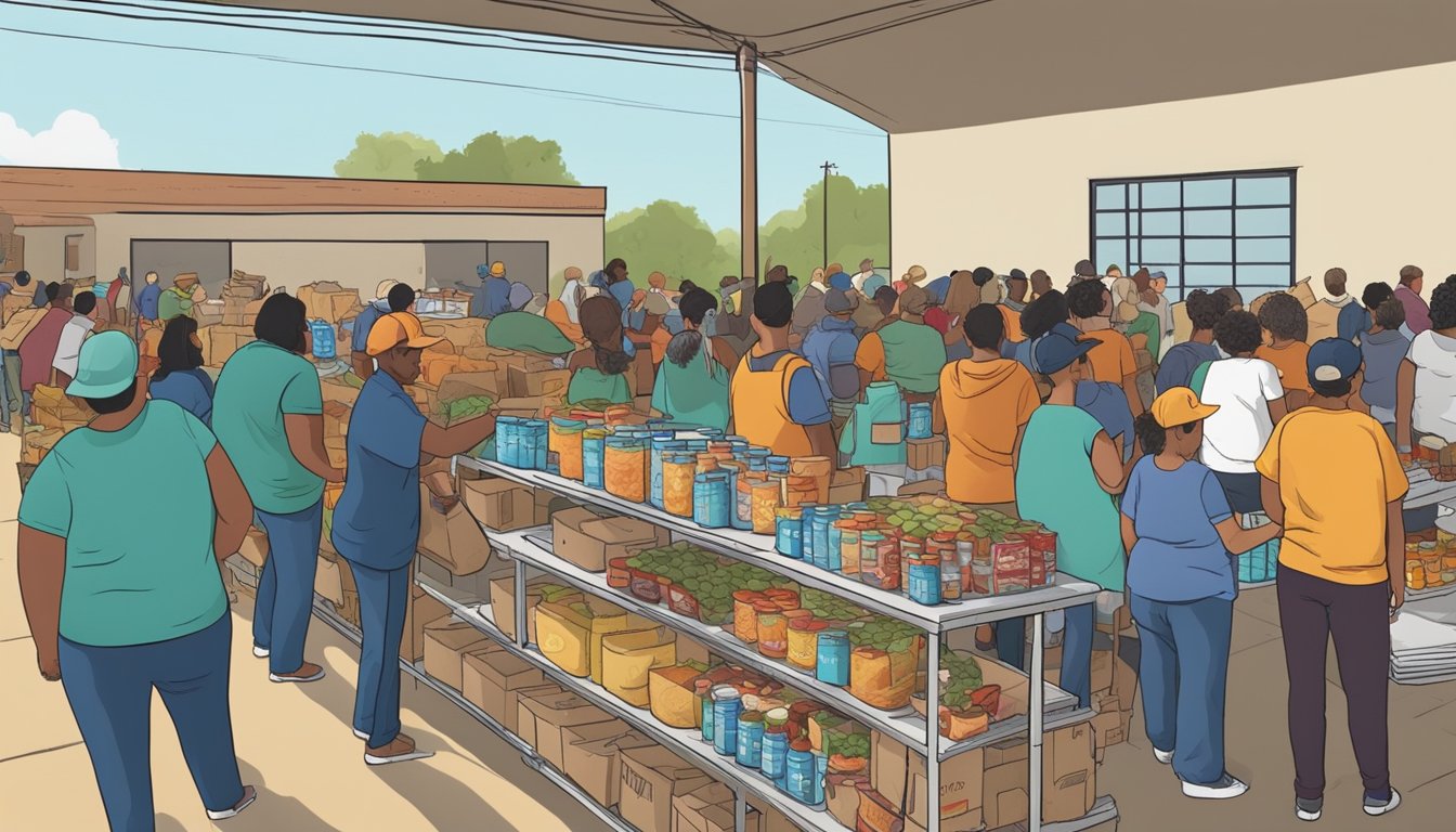 Volunteers distribute free groceries at a food pantry in Montague County, Texas. Tables are stocked with canned goods, fresh produce, and other essential items, while people line up to receive assistance