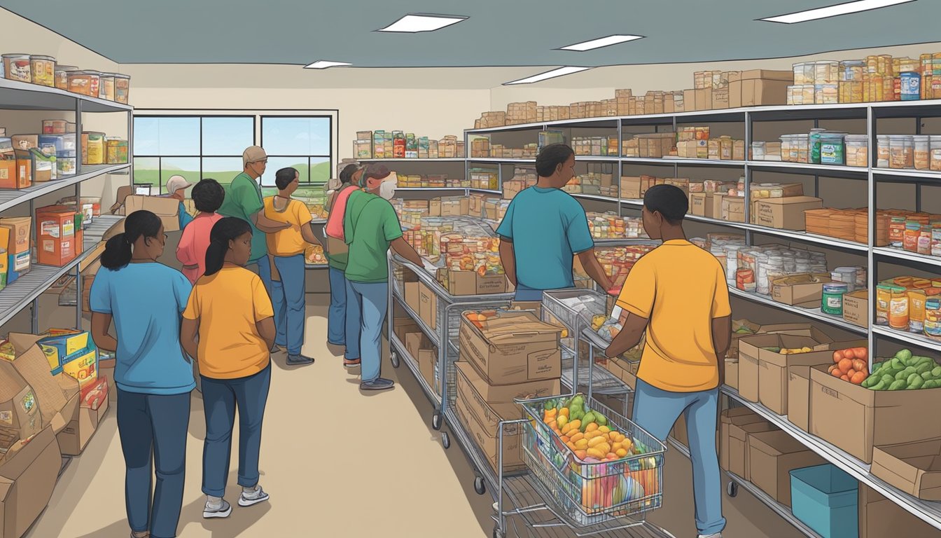 A bustling food pantry in Montague County, Texas, where volunteers distribute free groceries to those in need