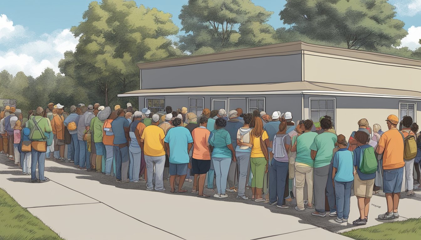 A line of people waits outside a small food pantry in Morris County, Texas, as volunteers hand out free groceries to those in need