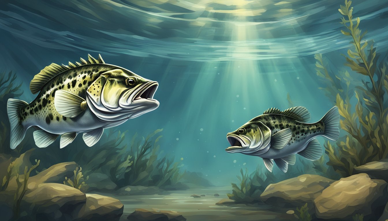 A spotted bass aggressively attacking and swallowing a smaller spotted bass in a murky underwater environment