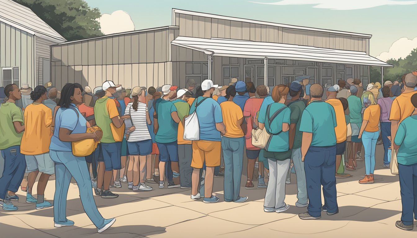 A line of people waiting outside a food pantry in Sabine County, Texas. Volunteers distribute free groceries to those in need