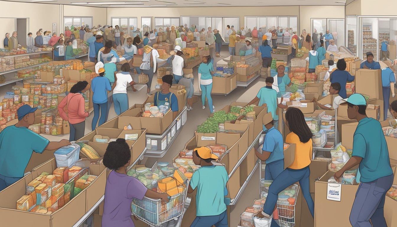 A bustling food pantry in Morris County, Texas, with volunteers distributing free groceries to those in need