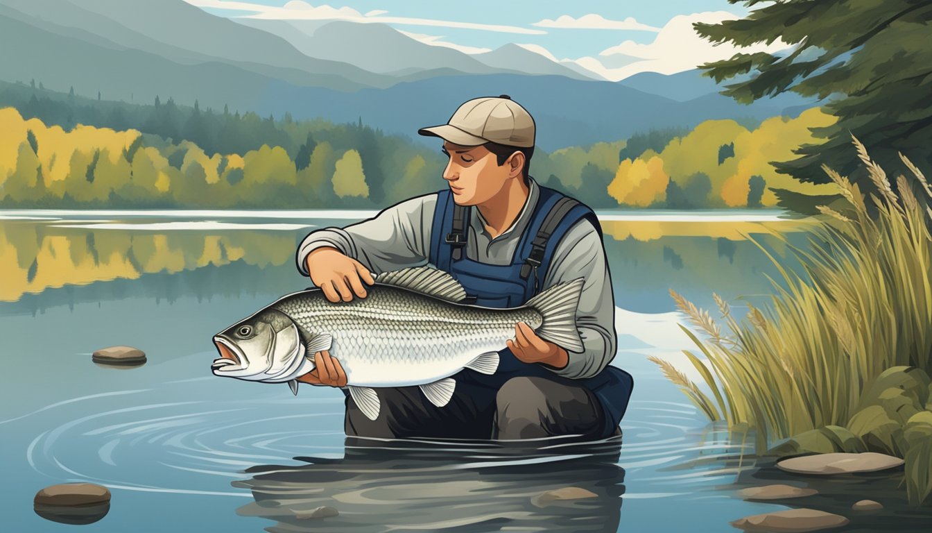 A person catches a white bass and prepares to eat it by a calm lake