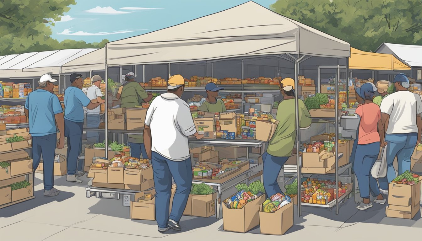 A bustling food pantry in Sabine County, Texas, with volunteers distributing free groceries to those in need