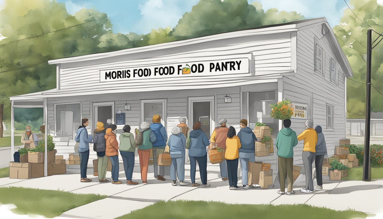 A line of people wait outside a small building with a sign that reads "Morris County Food Pantry." Volunteers hand out bags of groceries