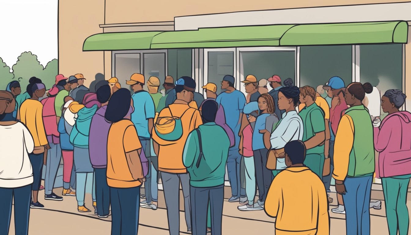 A line of people waiting outside a food pantry in Morris County, Texas. Volunteers distribute free groceries to those in need