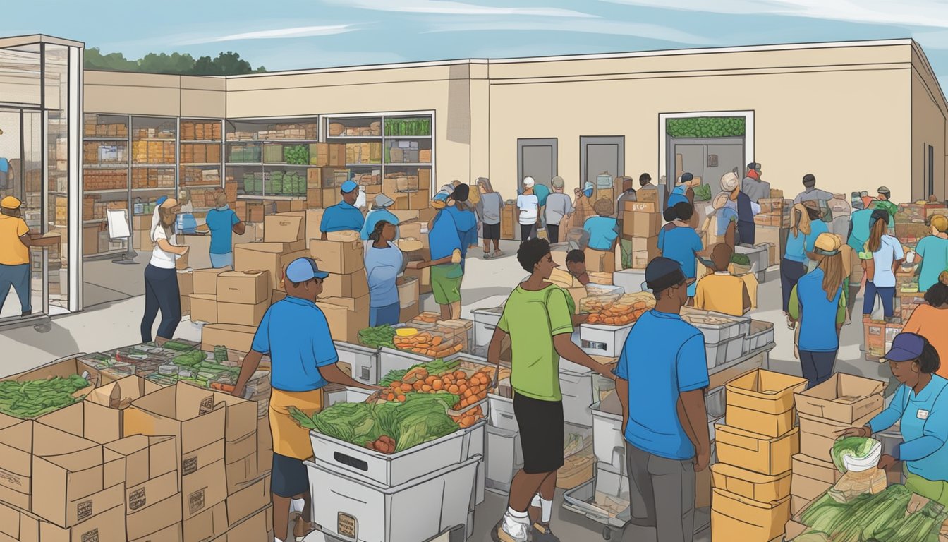 A bustling food pantry in Sabine County, Texas, with volunteers distributing groceries to those in need