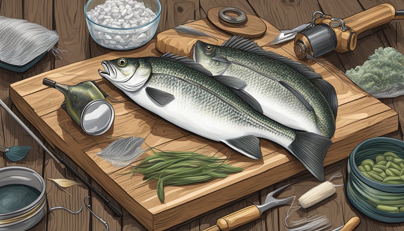 A fishing tackle laid out on a wooden dock, with a freshly caught white bass being cleaned and prepared for cooking