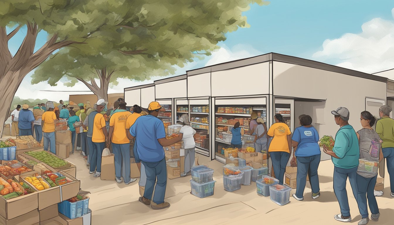 A bustling food pantry in Reeves County, Texas, with volunteers distributing free groceries to those in need