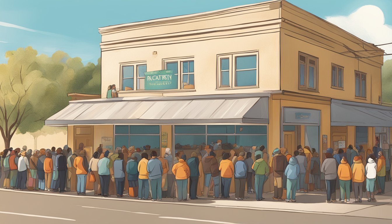 A line of people wait outside a small building, where volunteers hand out bags of groceries and food items. The sun shines down on the gathering, creating a warm and hopeful atmosphere