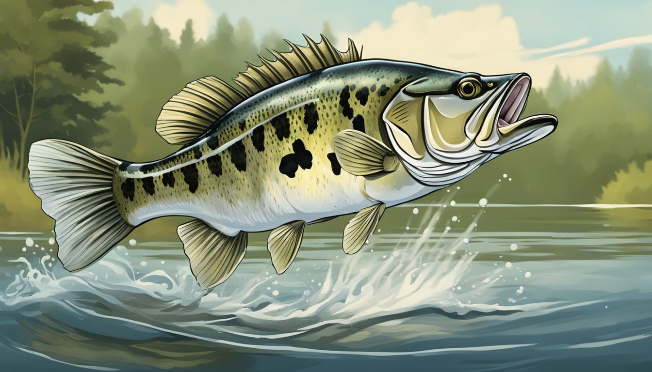 A spotted bass leaping out of the water to catch a lure, with another bass in the background