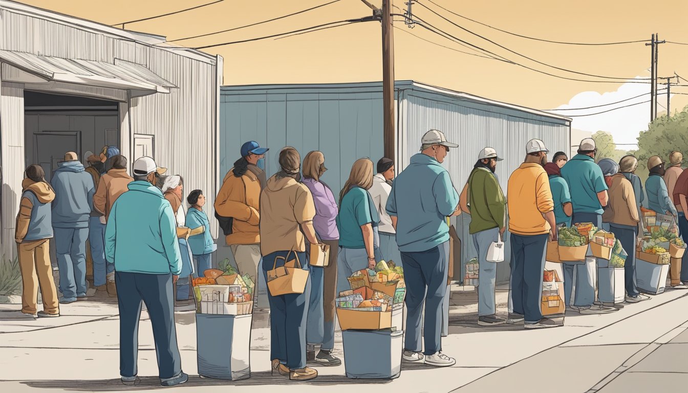 A line of people waits outside a food pantry in Reeves County, Texas. Volunteers hand out free groceries to those in need