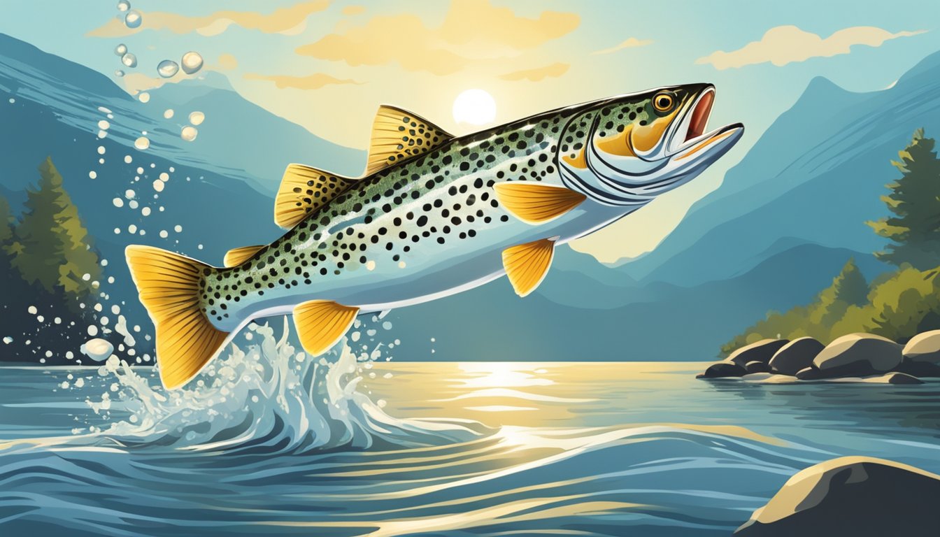 A spotted sea trout leaping out of the water to catch a small fish, its distinctive spots shining in the sunlight