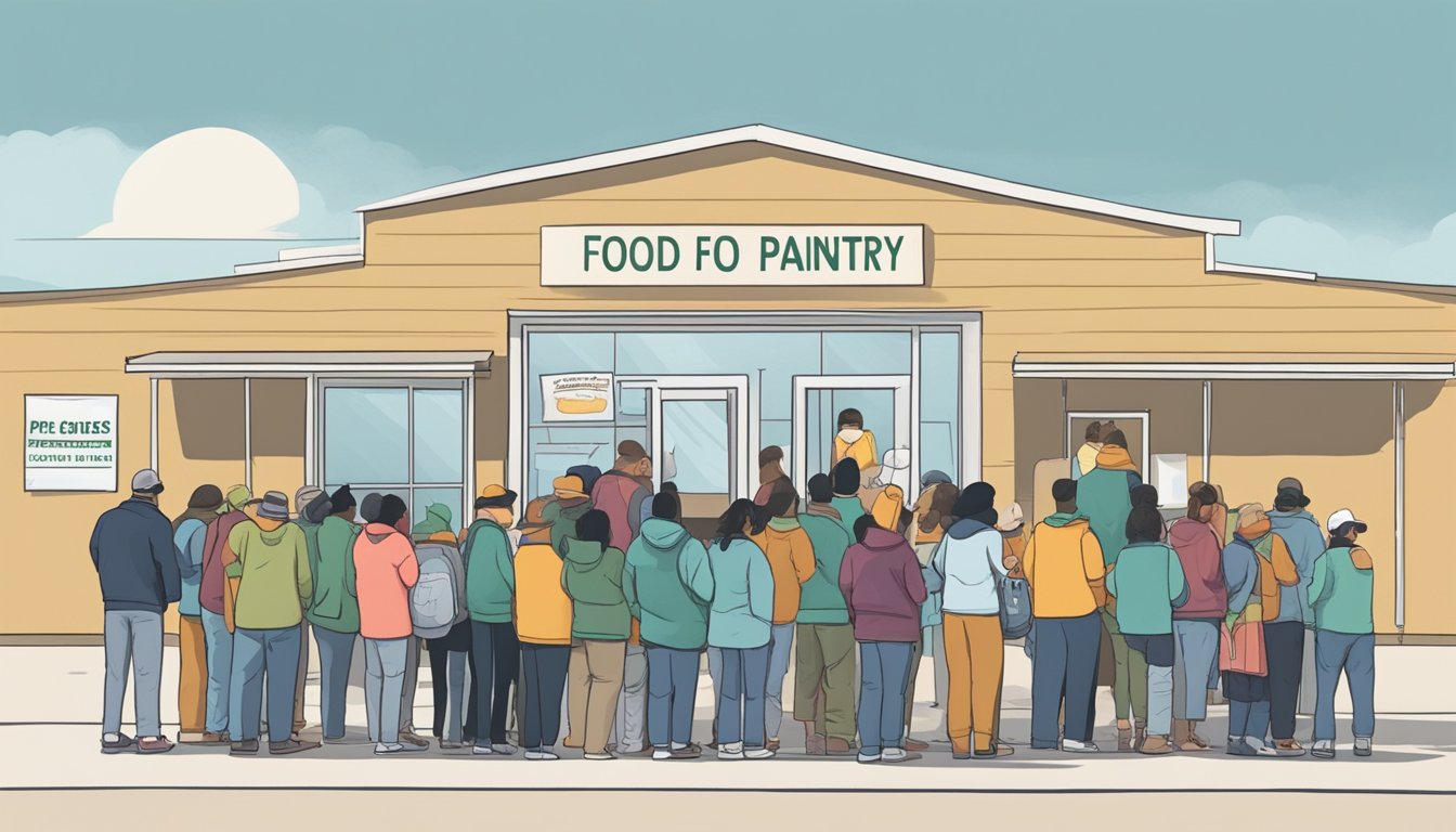 A line of people waits outside a food pantry in Reeves County, Texas. Volunteers distribute free groceries to those in need