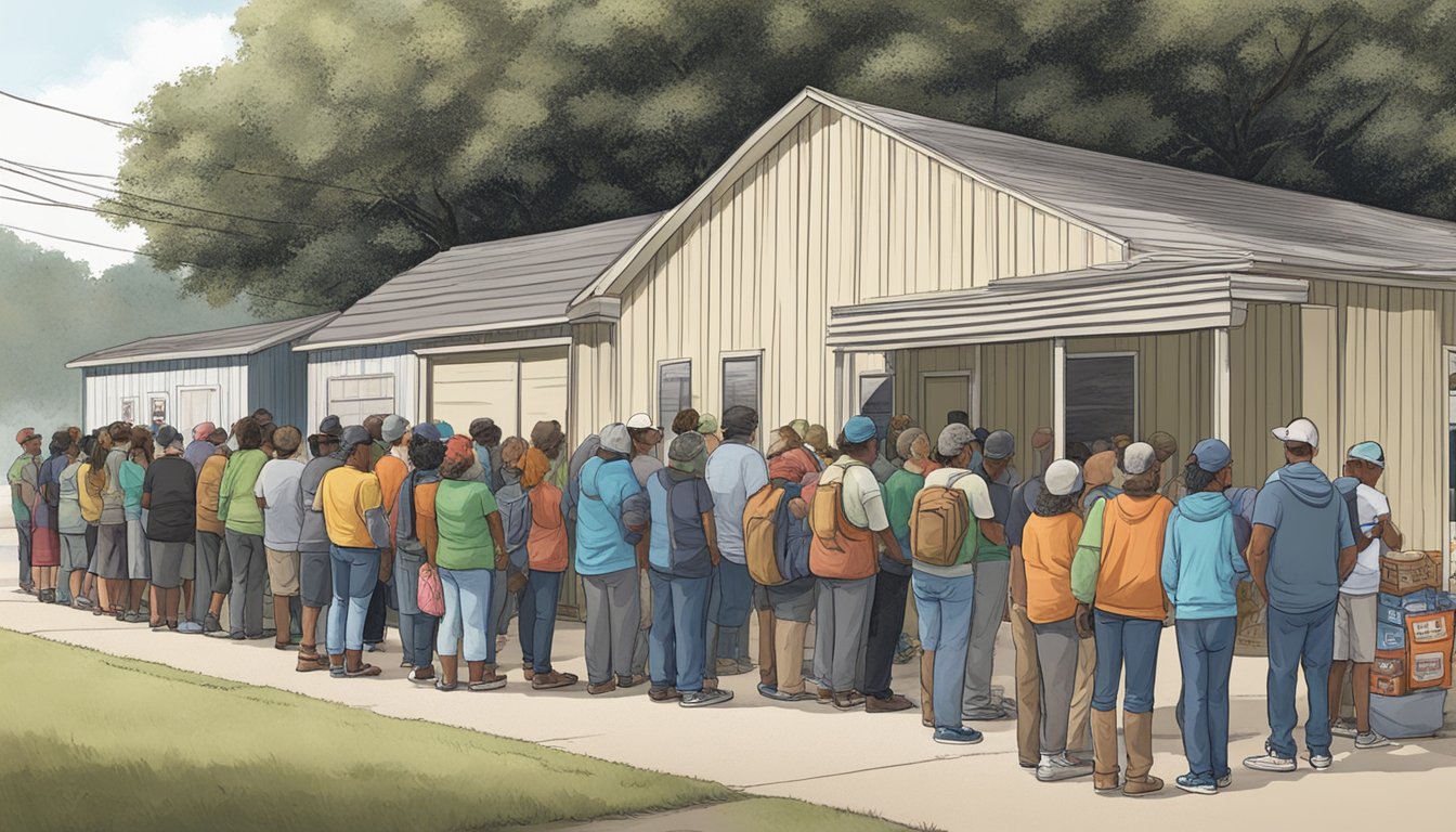 A line of people wait outside a small building in Sabine County, Texas. Volunteers hand out free groceries and food to those in need