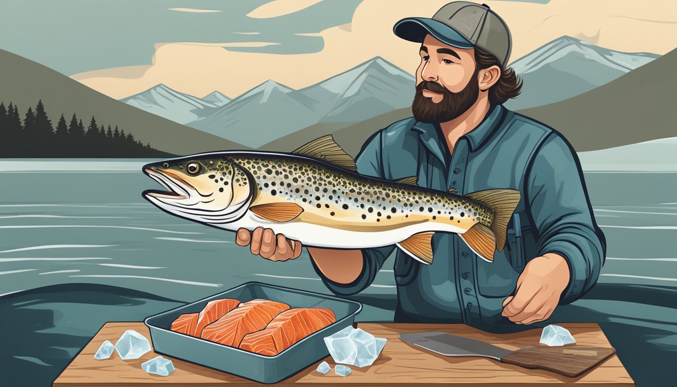 A fisherman holding a freshly caught spotted sea trout, surrounded by a cooler filled with ice and a cutting board with fillets