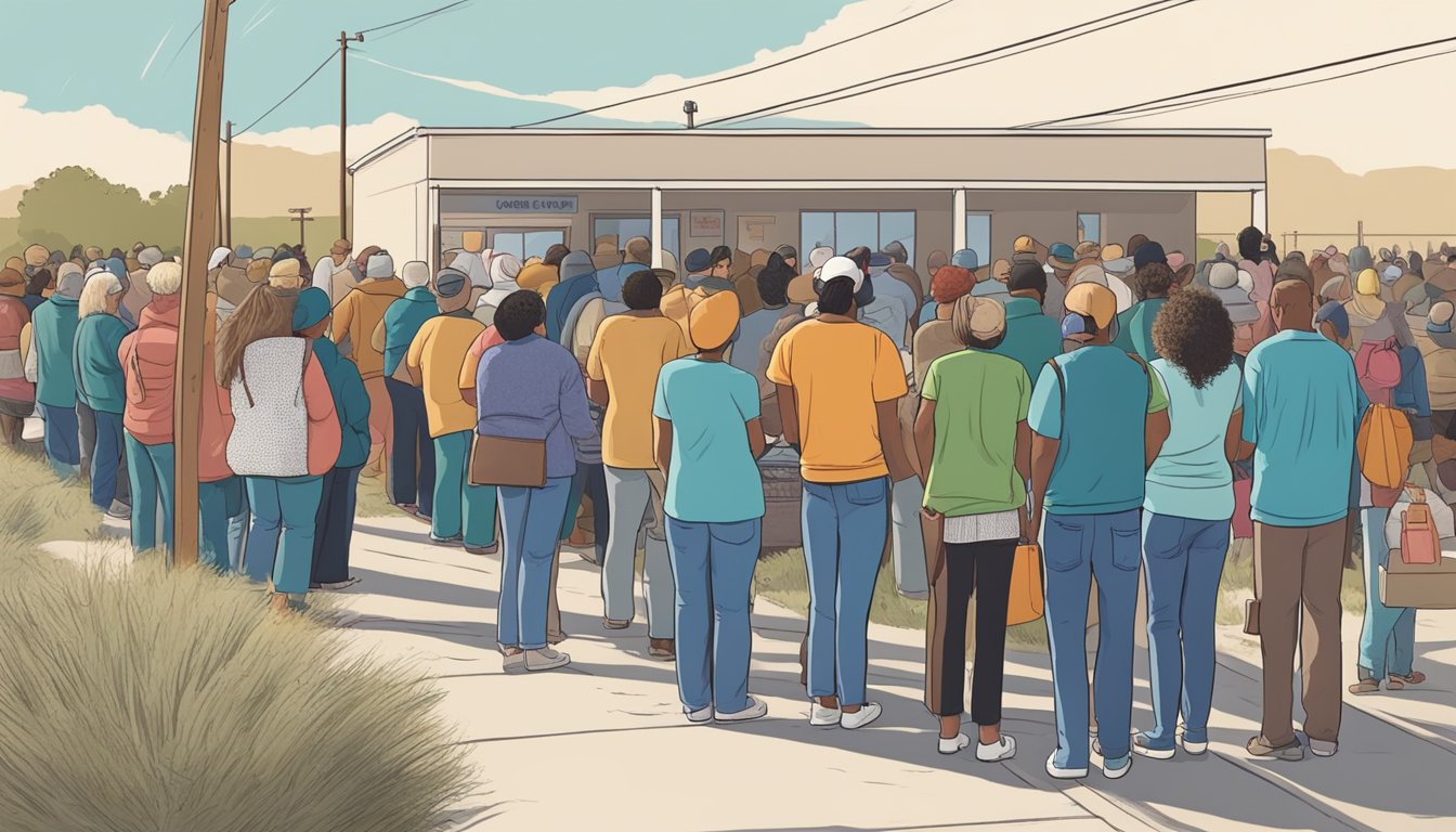 A line of people wait outside a food pantry in Reeves County, Texas, as volunteers distribute free groceries to those in need