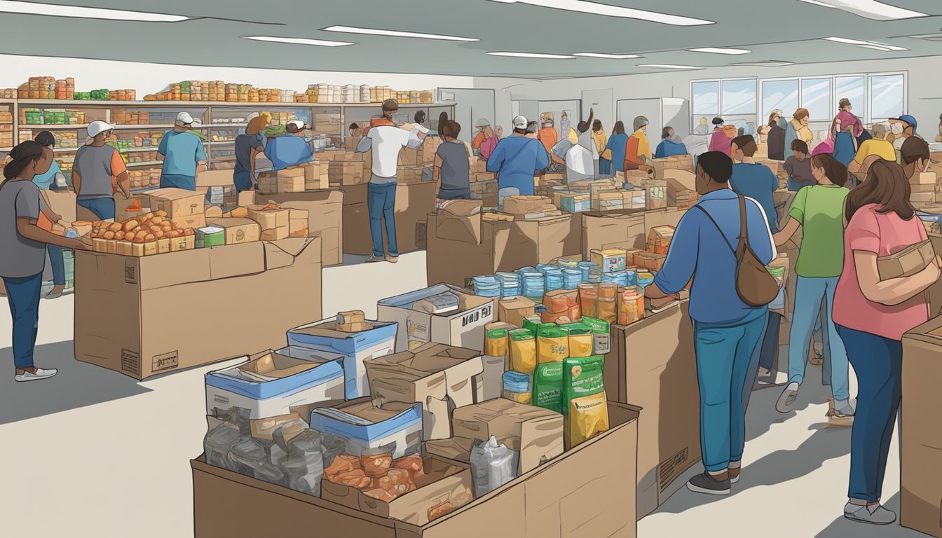 A bustling food pantry in Reeves County, Texas, with volunteers distributing free groceries to those in need