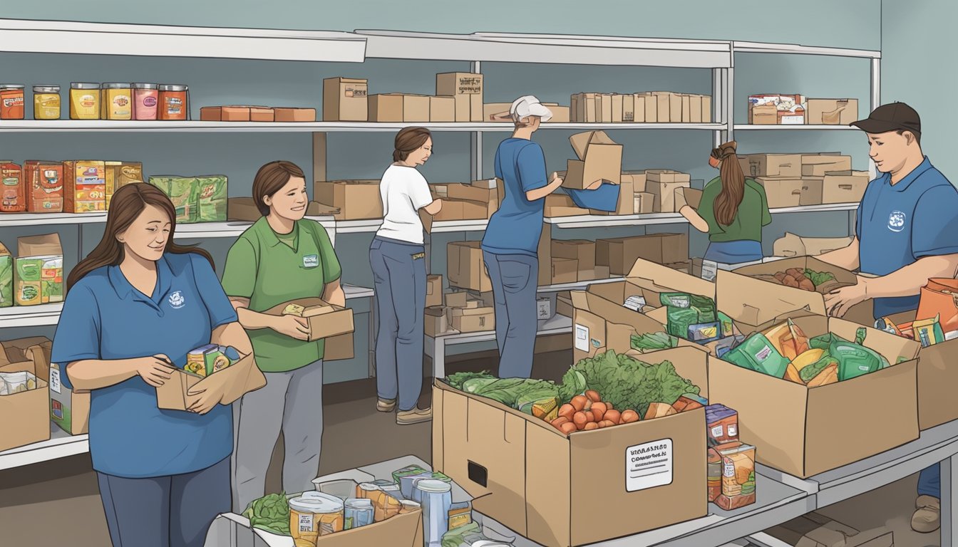 A bustling food pantry in Sabine County, Texas, with volunteers distributing free groceries to those in need