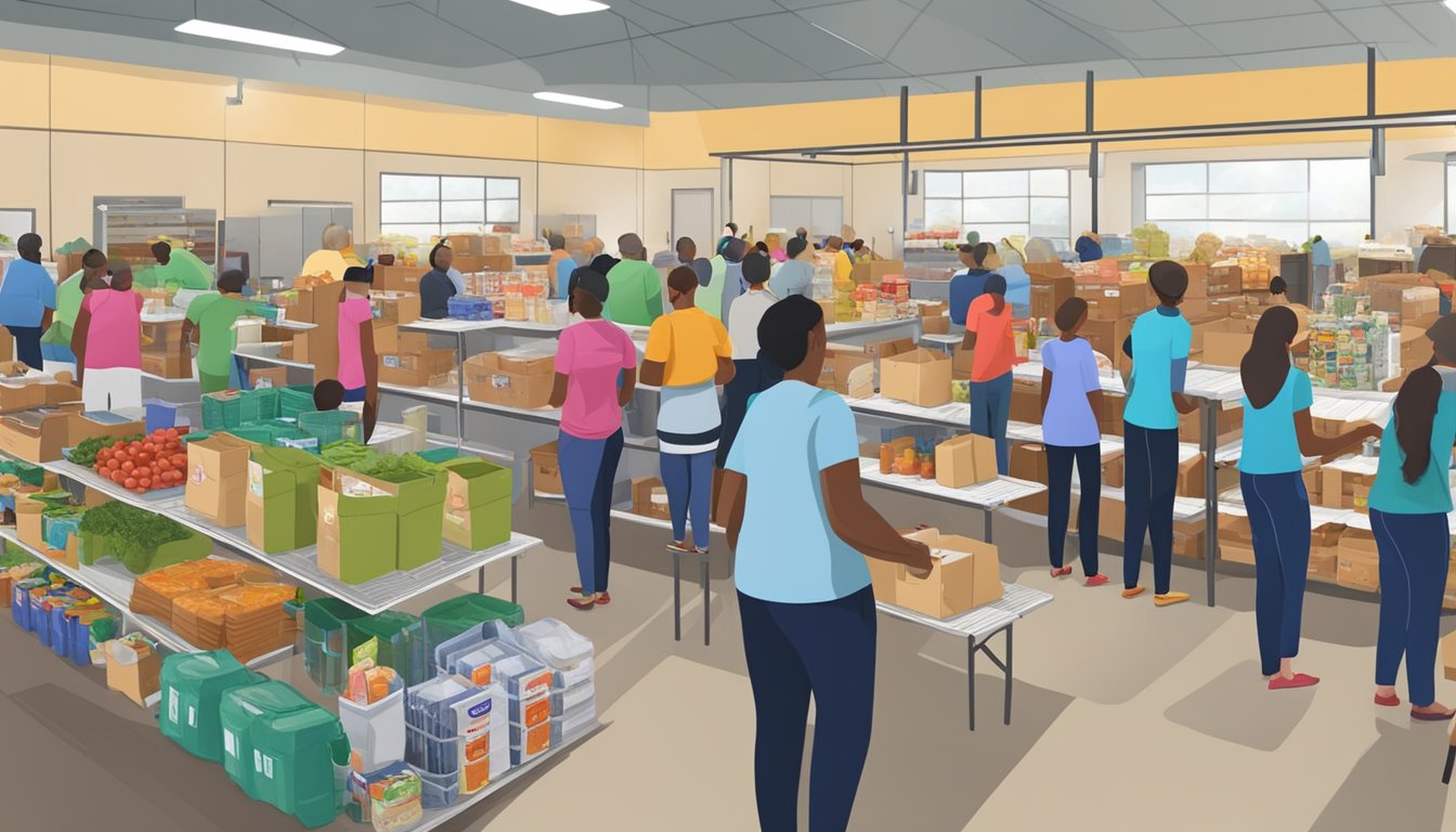 A bustling food pantry in Sabine County, Texas, with volunteers distributing free groceries to those in need