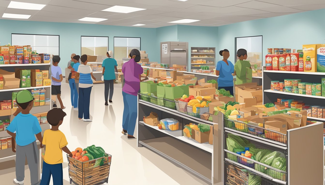 A bustling food pantry in Reeves County, Texas, with children and families receiving free groceries and special programs