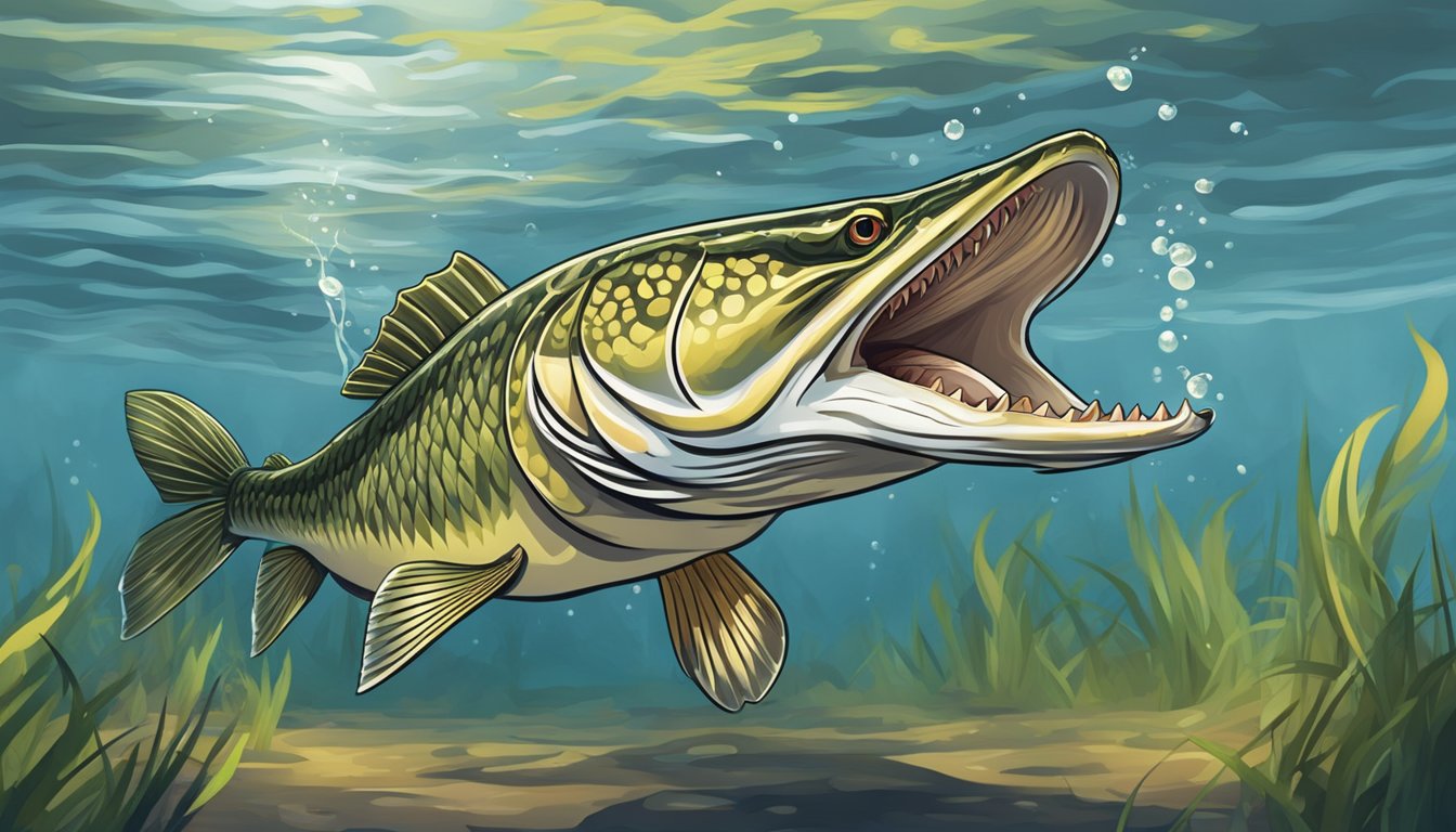 A pike lunges from the water, gripping a smaller pike in its sharp teeth, ready to devour its prey