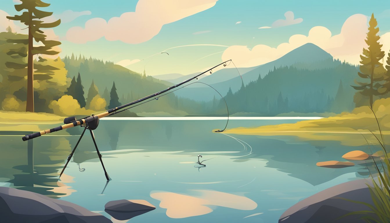 A fishing rod is set up on a tranquil lake shore, with a baited hook ready to catch a pike. Nearby, a small fire is being prepared for cooking the catch