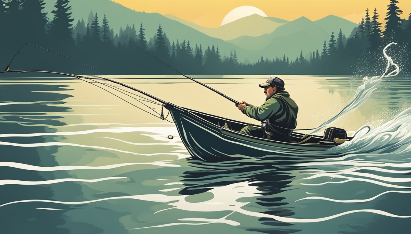 A fisherman reeling in a pike from a calm, sunlit lake. The pike is thrashing in the water, its sharp teeth visible as it fights against the line