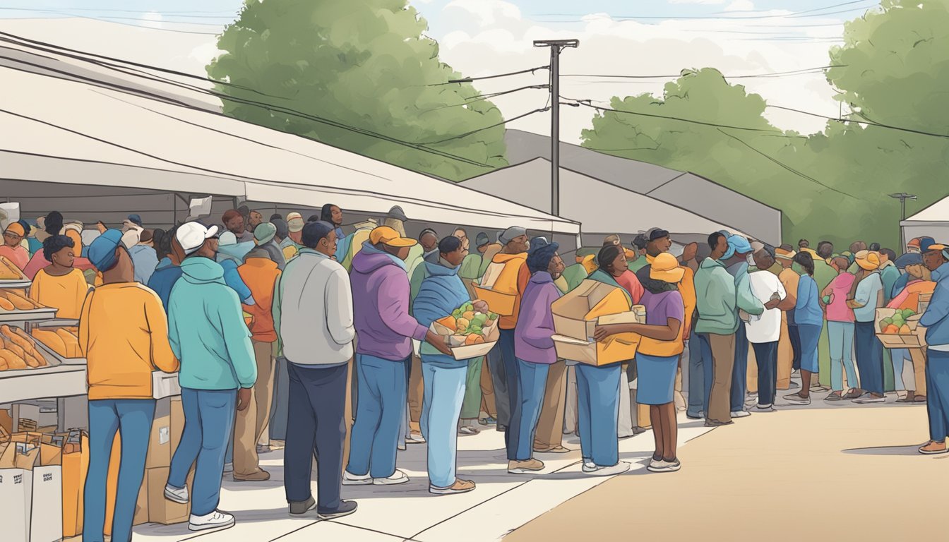 People lining up at a food distribution center in Morris County, Texas, receiving free groceries and food from pantries