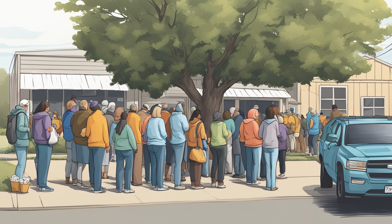 A line of people wait outside a food pantry in Robertson County, Texas. Volunteers hand out free groceries to those in need