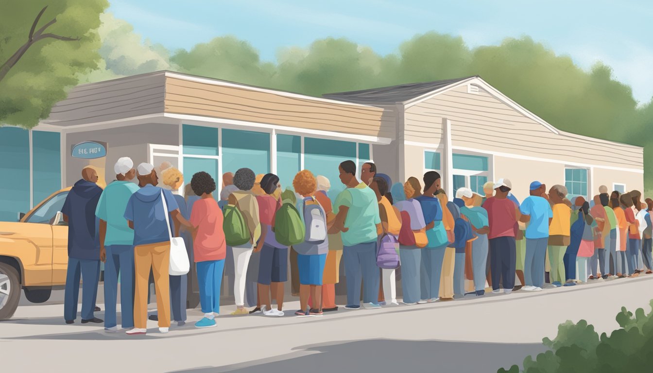 A line of people wait outside a food pantry in Morris County, Texas. Volunteers distribute free groceries to low-income families and at-risk seniors