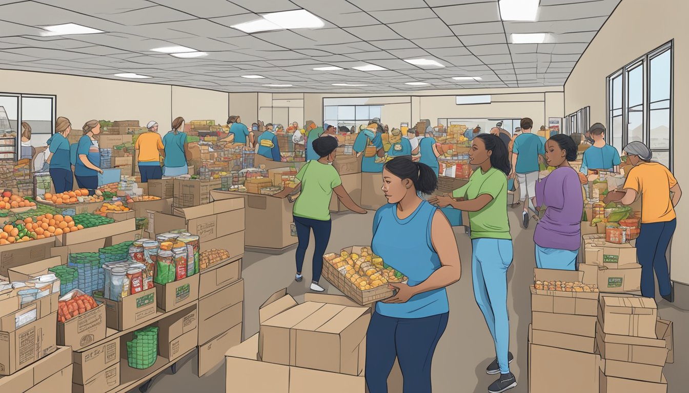 A bustling food pantry in Morris County, Texas, with volunteers distributing free groceries to those in need