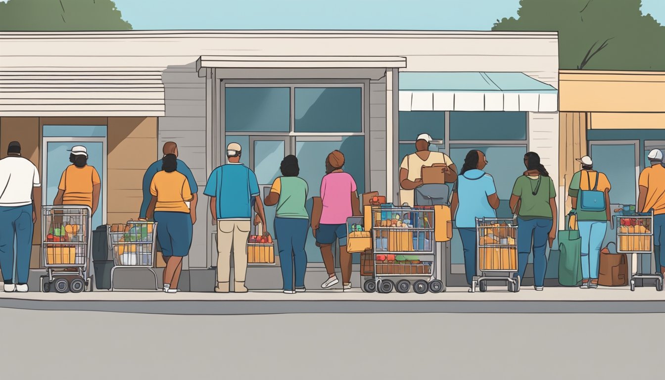 A line of people wait outside a food pantry in Robertson County, Texas. Volunteers hand out free groceries to those in need